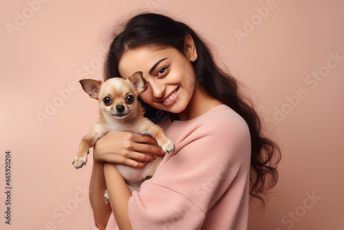 Smiling young woman holding Chihuahua lap dog in front of beige colored studio background.