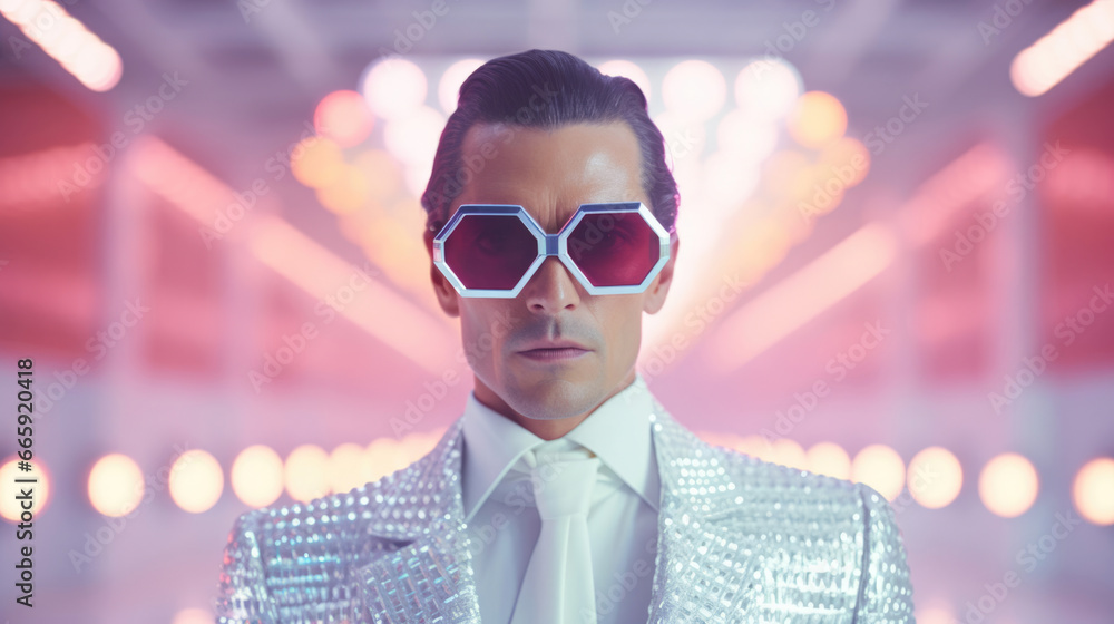 Fashion retro futuristic man in surrealistic 60s-70s disco club culture life style Fashion retro futuristic man in surrealistic 60s-70s disco club culture life style