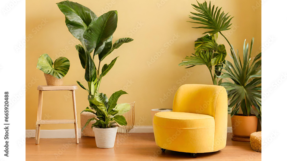 Wooden lounge chair with yellow cushions, potted monstera plant and floor lamp near white wall. Minimalist rustic home interior design of modern living room. Wooden lounge chair with yellow cushions, potted monstera plant and floor lamp near white wall. Minimalist rustic home interior design of modern living room.
