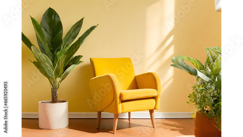 Wooden lounge chair with yellow cushions, potted monstera plant and floor lamp near white wall. Minimalist rustic home interior design of modern living room.