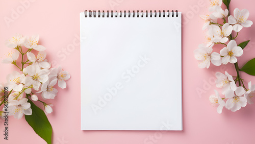 Flat lay with blank notepad on soft pink background with white flowers, copy space