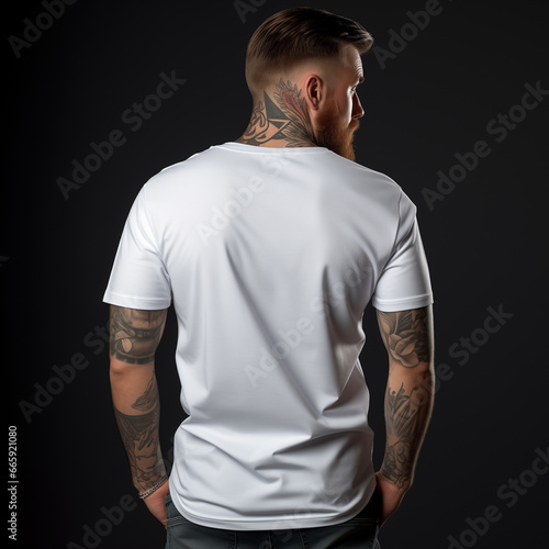 Young Model Shirt Mockup,Cool men model as mockup from behind in White round neck shirt loose cut,tattoo on arm and stand loose,Shirt Mockup Template on hipster adult for design print