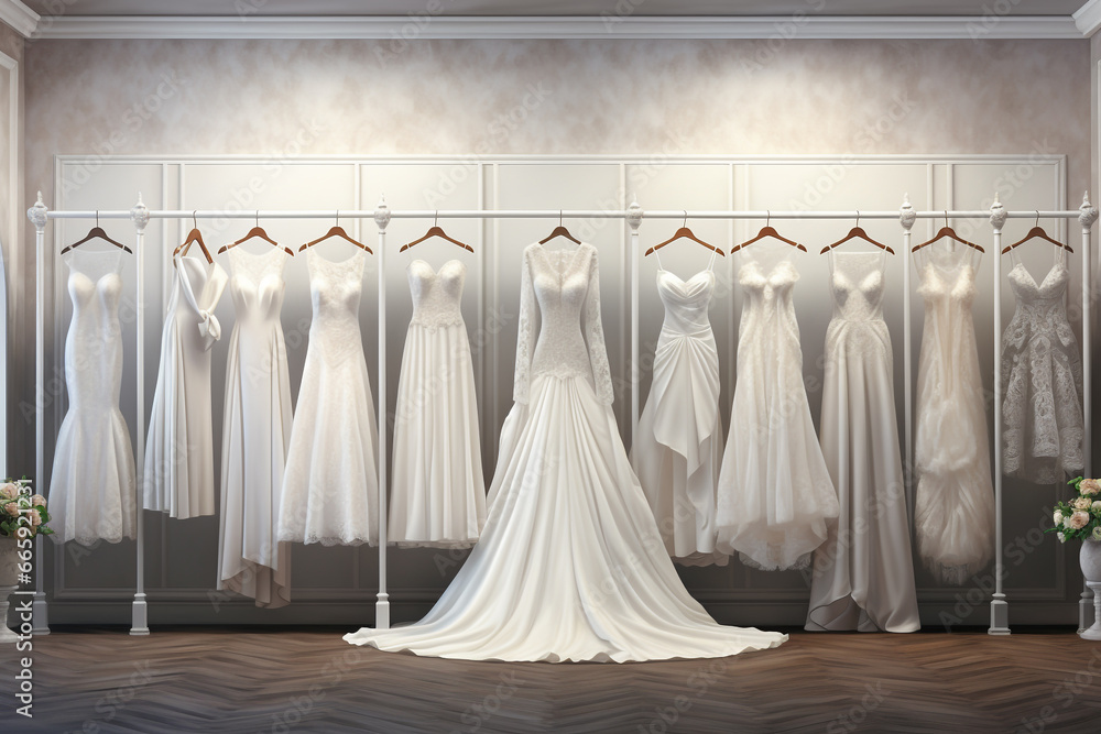 Clothes and accessories concept. Beautiful various white wedding dresses fancy background with copy space. Expensive and luxurious wedding salon background Clothes and accessories concept. Beautiful various white wedding dresses fancy background with copy space. Expensive and luxurious wedding salon background