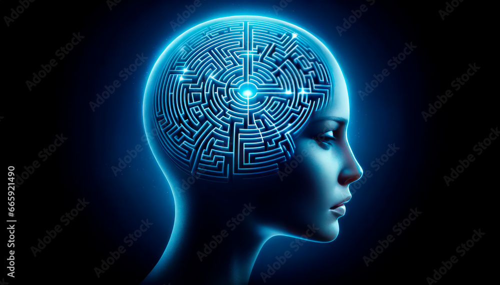 human head with maze in blue light. Generative AI - obrazy, fototapety, plakaty 