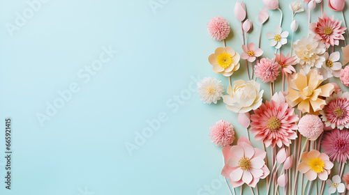 Paper cut flowers on pastel blue background with copy space