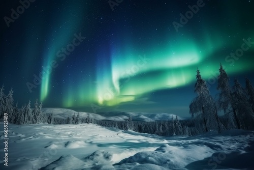 Enchanting winter night. Northern lights in mountains. Night landscape with polar lights. Night winter landscape with aurora. Creative image. Generative AI