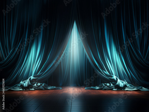 Blue stage curtain with spotlights. Generative AI