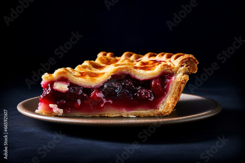Food and still life concept. Delicious looking fresh fruit pie placed on dark wooden table. Dark background with copy space