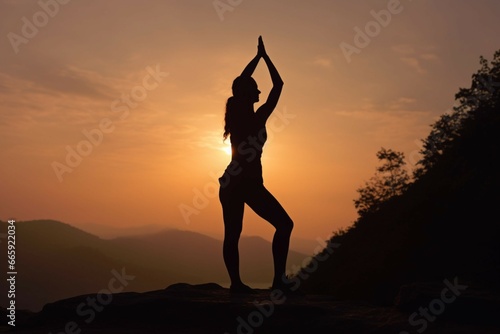 Silhouette of young woman practicing yoga outdoors