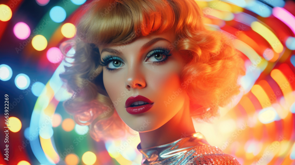 Fashion retro futuristic woman in surrealistic 60s70s disco club