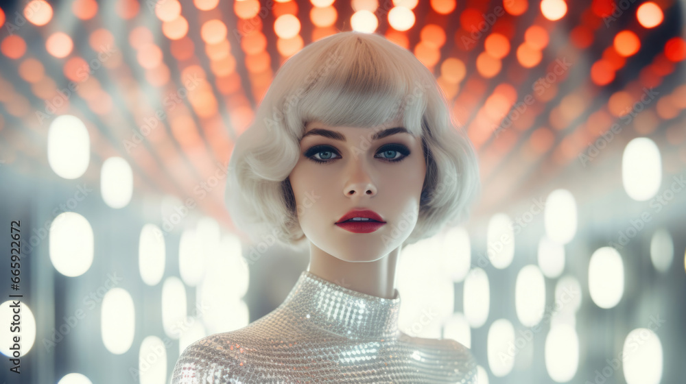 Fashion retro futuristic woman in surrealistic 60s70s disco club