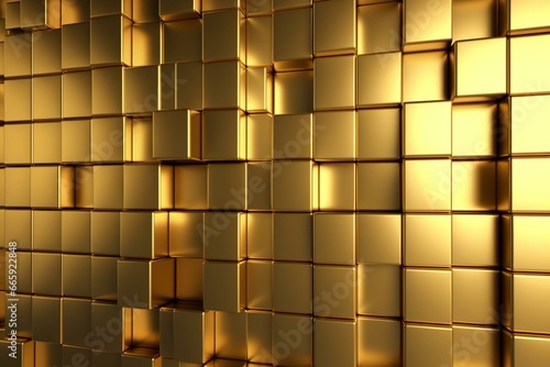 Rectangular wall made of polished mosaic tiles in a glossy  3D design stacked to form a golden block background. Rendered in 3D. Generative AI