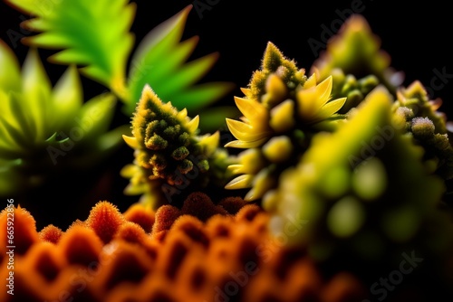 Nft collectoin scale cinematic full body marijuana goddess character concept perfect focus closeup macro photography of a beautiful marijuana bud crystals trichomes, densely packed buds of weed neon b photo