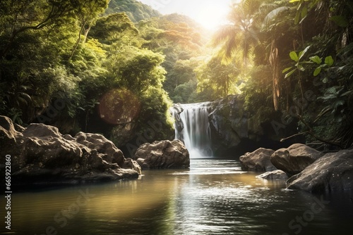 A tropical forest waterfall with rocks, trees, and a bright sun shining down on the water. Generative AI
