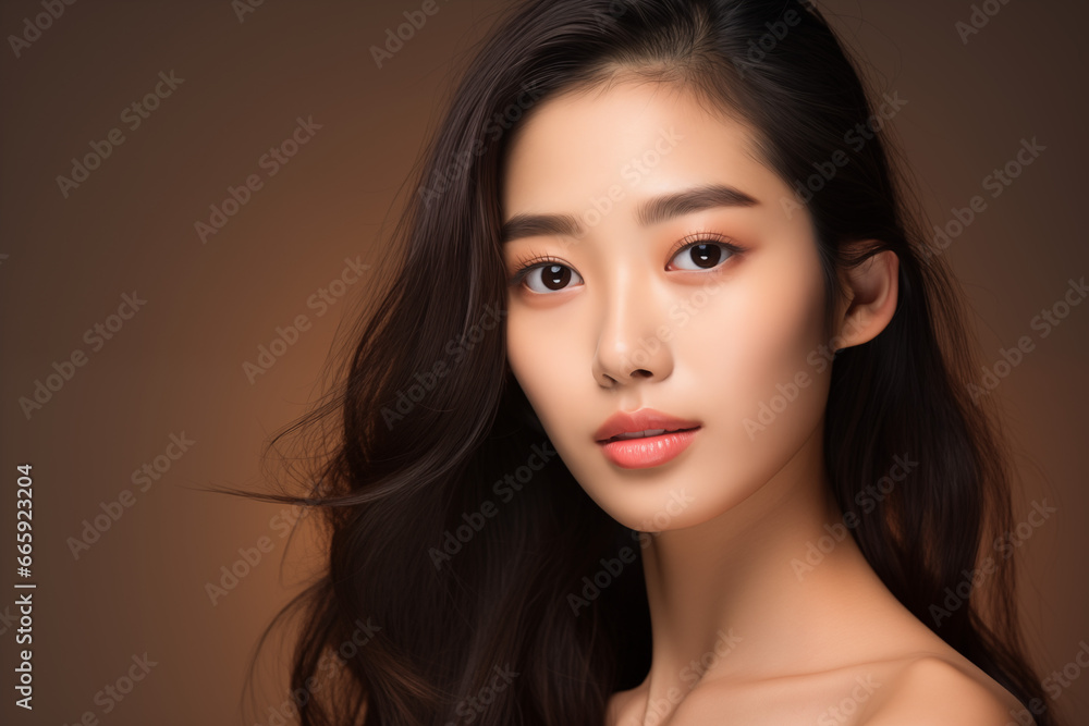 Beautiful young asian woman with clean fresh skin on brown background, Face care, Facial treatment, Cosmetology, beauty and spa, Asian women portrait