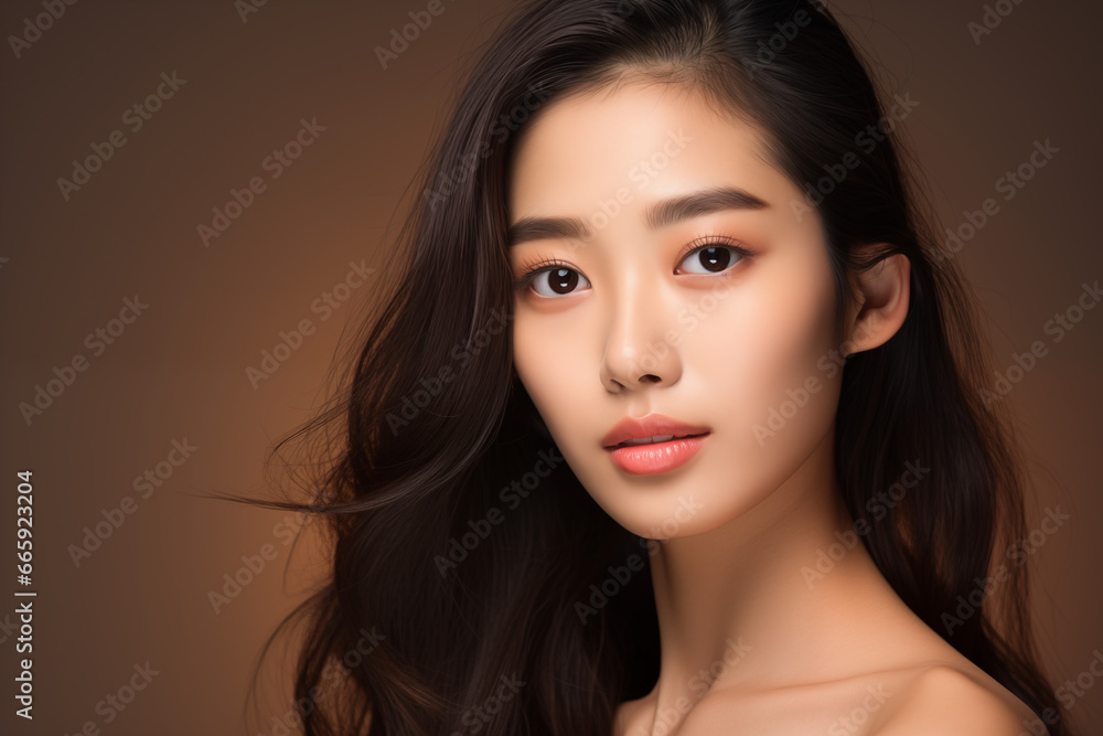 Naklejka premium Beautiful young asian woman with clean fresh skin on brown background, Face care, Facial treatment, Cosmetology, beauty and spa, Asian women portrait