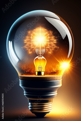 Light bulb, explosion of brilliant light bursts from the light bulb, enlightenment, new idea, epic fantasy, industrial revolution
