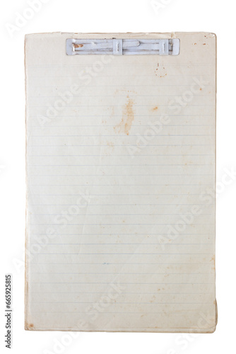 Old vintage lined paper stack binding with white metal paper fastener on white background