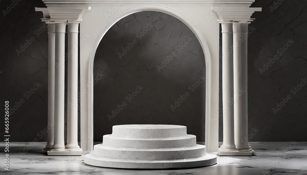 D background mockup with marble product podium for cosmetics display. White Greek antique columns against a dark wall with an arch. White marble steps behind - obrazy, fototapety, plakaty 