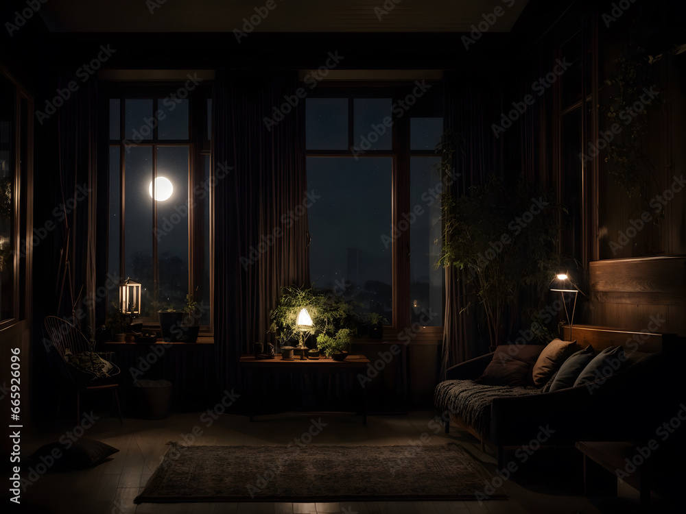 A cozy room with a nice view at night