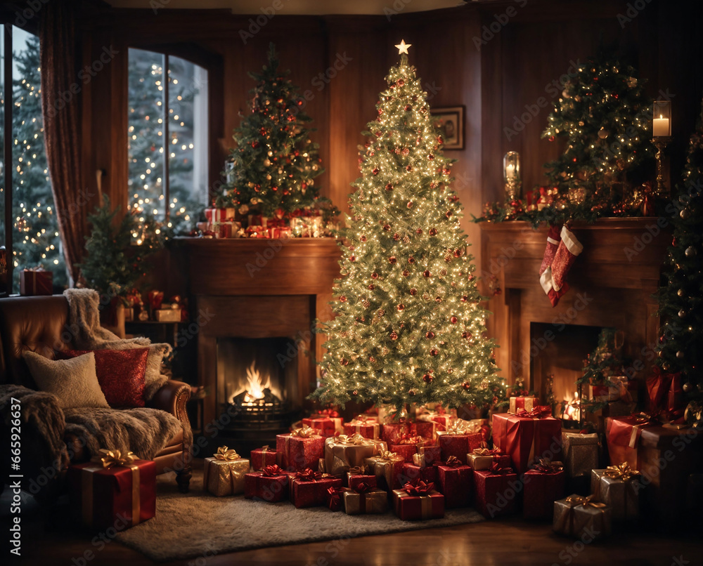 christmas tree with candles and decorations interior design with gifts neer fire