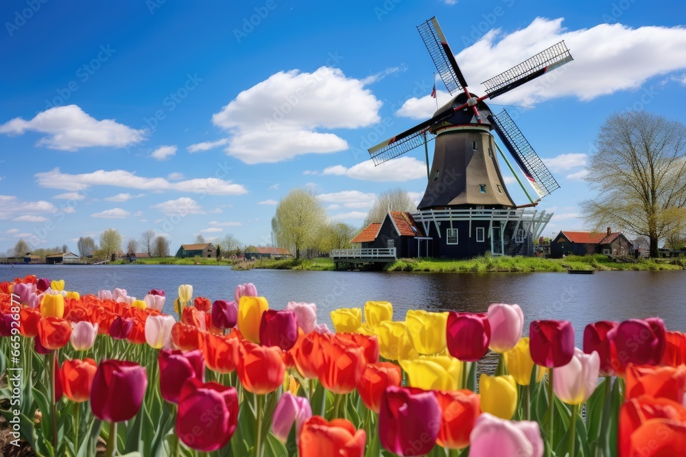 Colorful tulips and windmill in Holland. Spring landscape, Landscape with tulips in Zaanse Schans, Netherlands, Europe, AI Generated
