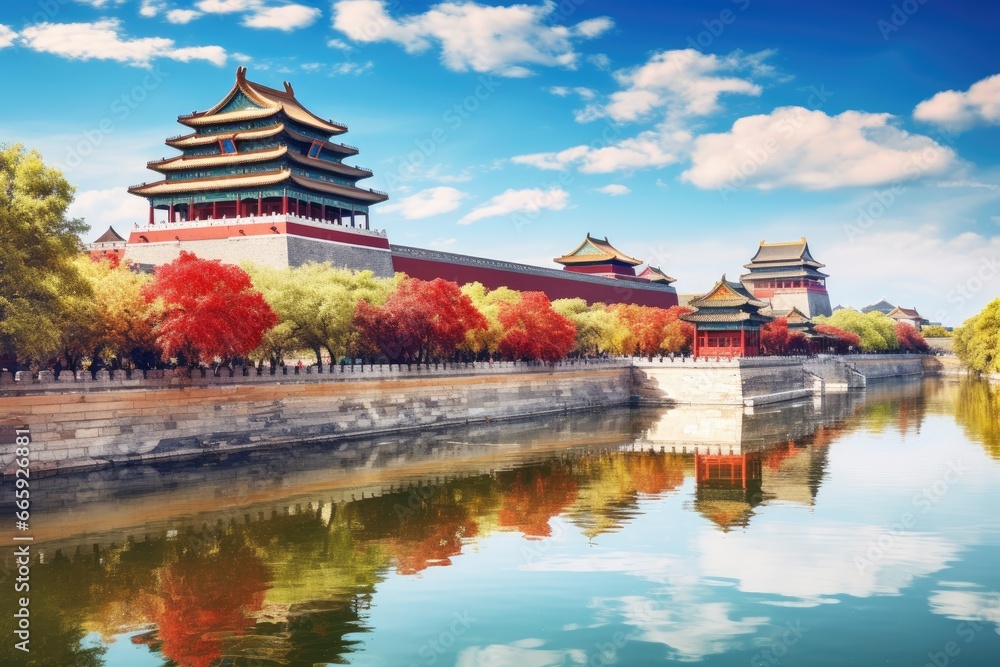 Naklejka premium The Forbidden City in Beijing, China. Travel and architecture background, Landscape view of the Forbidden City in Beijing, China. Panorama, AI Generated