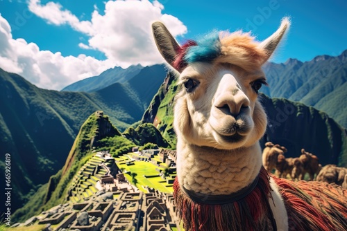Llama in Machu Picchu, Peru, South America, Lama And Machu Picchu, AI Generated photo