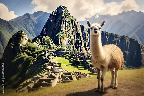 Llama and the ruins of the ancient city of Machu Picchu, Lama And Machu Picchu, AI Generated