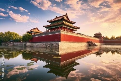 The Forbidden City in Beijing, China at sunset with reflection in water, Landscape view of the Forbidden City in Beijing, China. Panorama, AI Generated photo