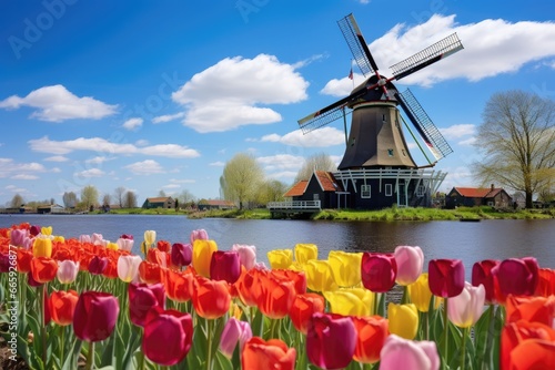 Colorful tulips and windmill in Holland. Spring landscape, Landscape with tulips in Zaanse Schans, Netherlands, Europe, AI Generated #665926877