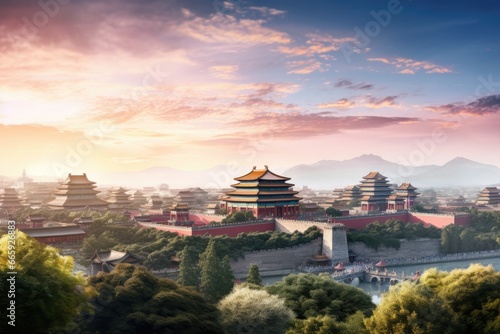 The ancient city of Beijing at sunset  China. Travel background  Landscape view of the Forbidden City in Beijing  China. Panorama  AI Generated