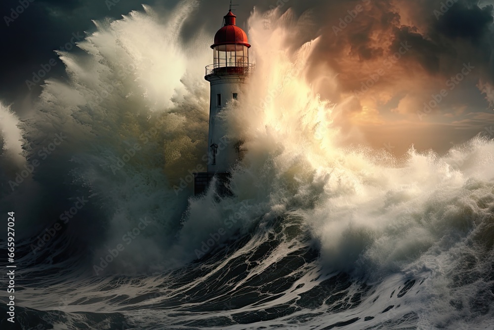 Lighthouse on the stormy sea. 3d render. Clip-art, lighthouse hit by massive wave, AI Generated
