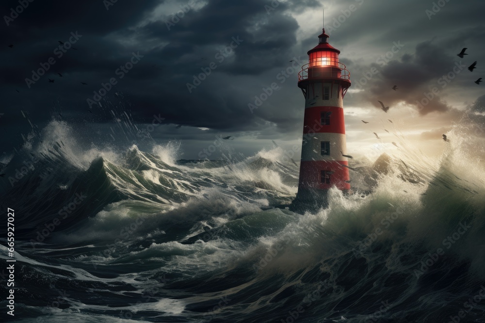 Lighthouse on stormy sea background. 3d render illustration, Lighthouse in the storm on the North Sea. 3d rendering, AI Generated
