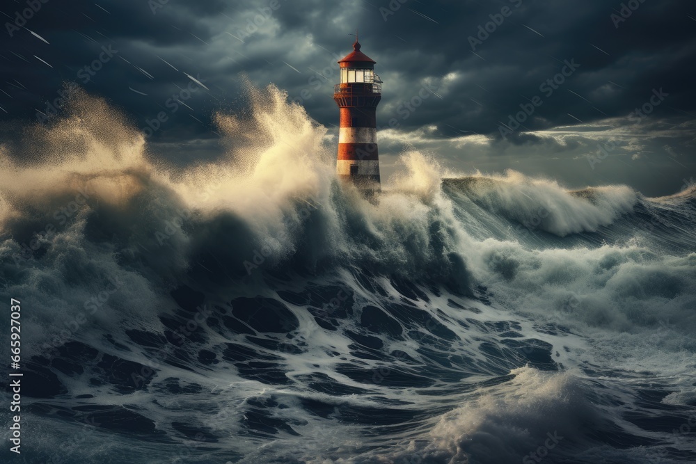 Lighthouse in stormy sea. 3d render and illustration, Lighthouse in the storm on the North Sea. 3d rendering, AI Generated