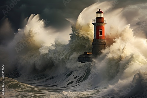 Stormy sea with big waves and lighthouse. 3D illustration, lighthouse hit by massive wave, AI Generated photo