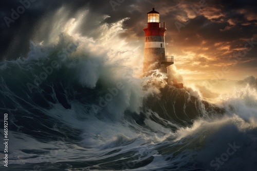 Lighthouse in stormy sea. 3D illustration. Elements of this image furnished by NASA, lighthouse hit by massive wave, AI Generated