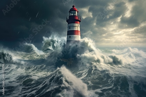Stormy sea with lighthouse in the middle. 3D illustration, Lighthouse in the storm on the North Sea. 3d rendering, AI Generated