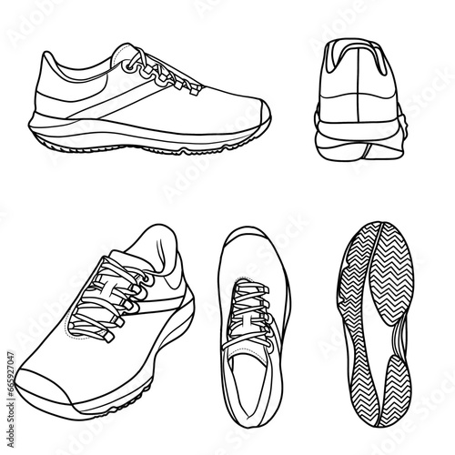 Template vector sneaker tennis shoes, suitable for your custom tennis shoes design, outline vector doodle illustration, side, rear, isometric, bottom and top view, isolated with white background.