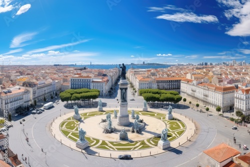 Panoramic view of Lisbon, Portugal in a beautiful summer day, Lisbon aerial skyline panorama european city view on marques pombal square monument, AI Generated