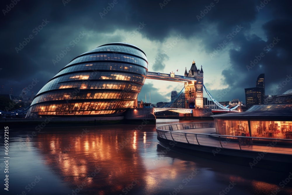 Tower Bridge in London at night, United Kingdom. Travel and architecture background, London City, AI Generated - obrazy, fototapety, plakaty 