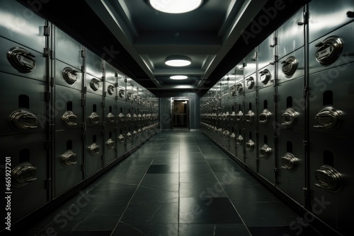 Interior of a modern locker room with doors and lockers, lockers in a bank in a vault, AI Generated