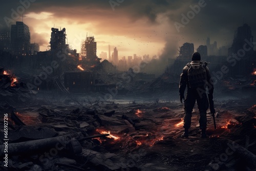 Man in military uniform and gas mask against destroyed city. Mixed media, Lone soldier walking in destroyed city, AI Generated