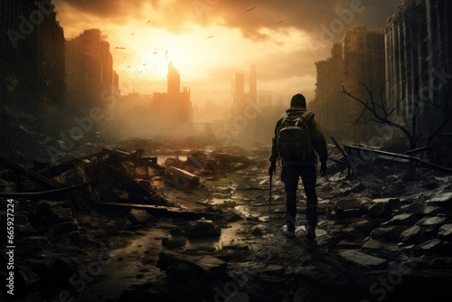 Man with a backpack on the background of the destroyed city. Mixed media  Lone soldier walking in destroyed city  AI Generated
