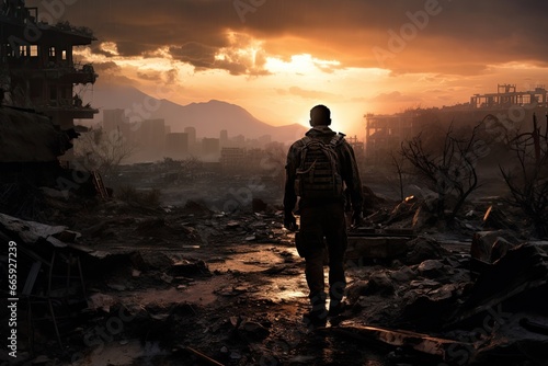 Silhouette of a man in front of a destroyed building, Lone soldier walking in destroyed city, AI Generated
