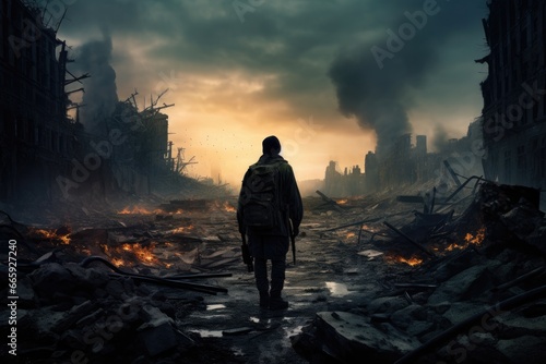Man standing in the middle of a burnt city after a fire  Lone soldier walking in destroyed city  AI Generated