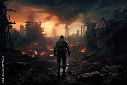 Man standing in the middle of a burning city. Disaster concept, Lone soldier walking in destroyed city, AI Generated