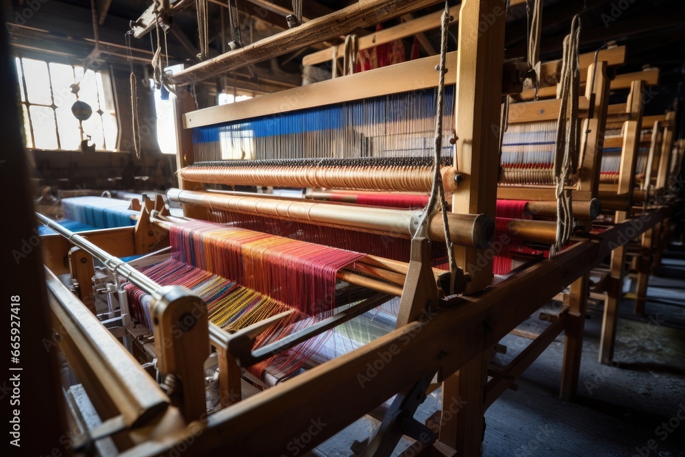 Weaving loom in a traditional textile factory, close-up, loom production of threads and textiles, AI Generated