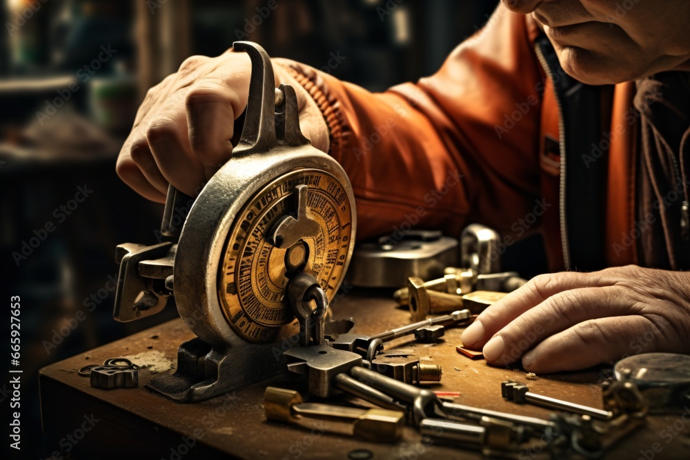 Obraz premium A locksmith working on his locks and keys