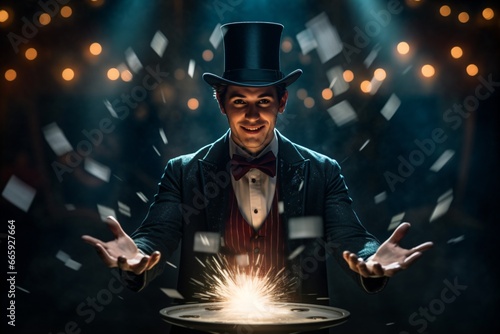Portrait photography of a magician performing a magic trick photo